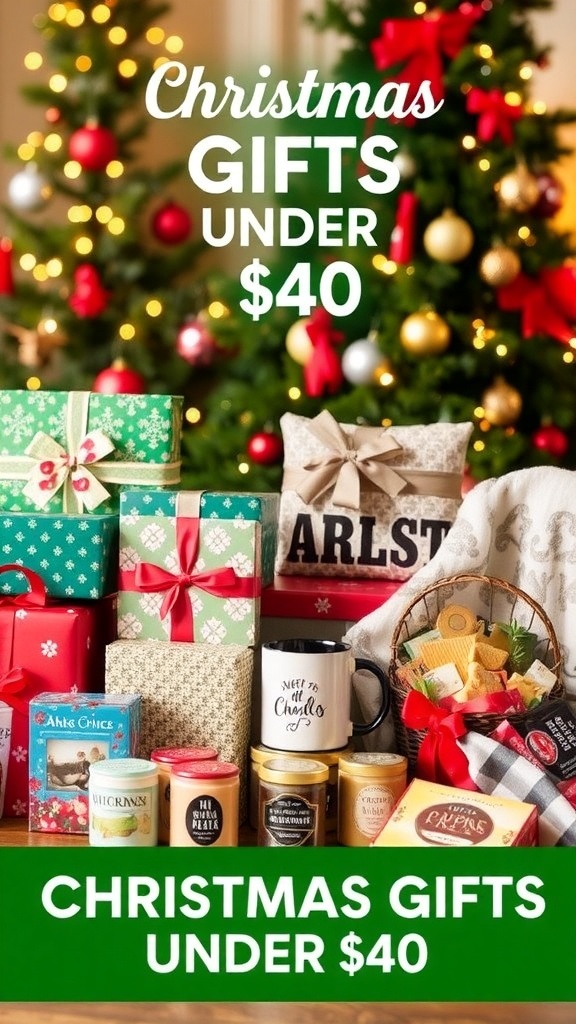 Creative Christmas Gift Ideas Under $40 A collection of affordable Christmas gifts including wrapped boxes, mugs, and blankets with holiday decorations.
